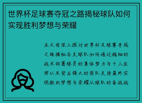 世界杯足球赛夺冠之路揭秘球队如何实现胜利梦想与荣耀