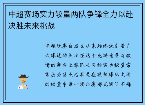 中超赛场实力较量两队争锋全力以赴决胜未来挑战