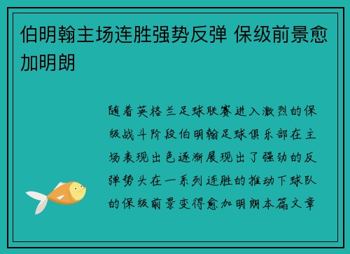伯明翰主场连胜强势反弹 保级前景愈加明朗