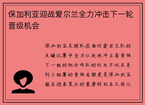 保加利亚迎战爱尔兰全力冲击下一轮晋级机会