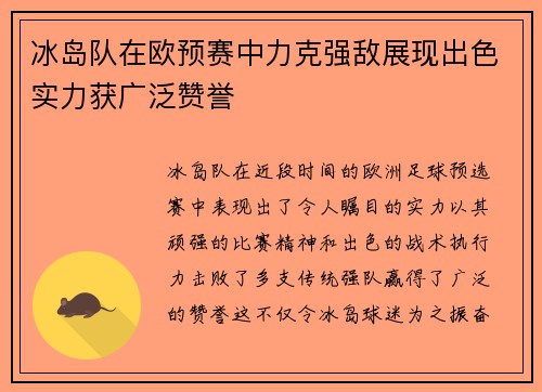 冰岛队在欧预赛中力克强敌展现出色实力获广泛赞誉