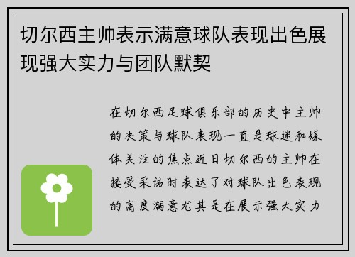 切尔西主帅表示满意球队表现出色展现强大实力与团队默契