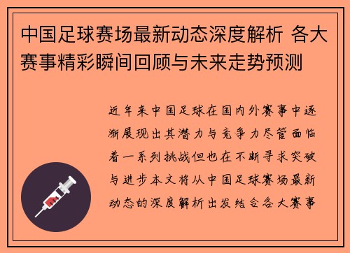 中国足球赛场最新动态深度解析 各大赛事精彩瞬间回顾与未来走势预测
