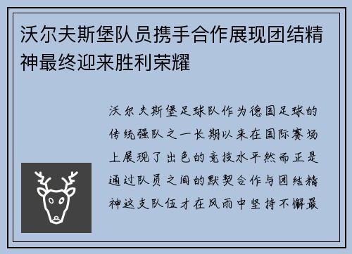 沃尔夫斯堡队员携手合作展现团结精神最终迎来胜利荣耀